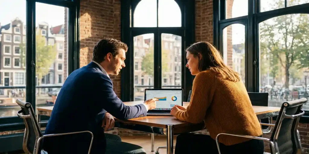 Accountmanager en klant bekijken campagnedashboard op laptop in licht Amsterdams grachtenpandkantoor met uitzicht op het water.