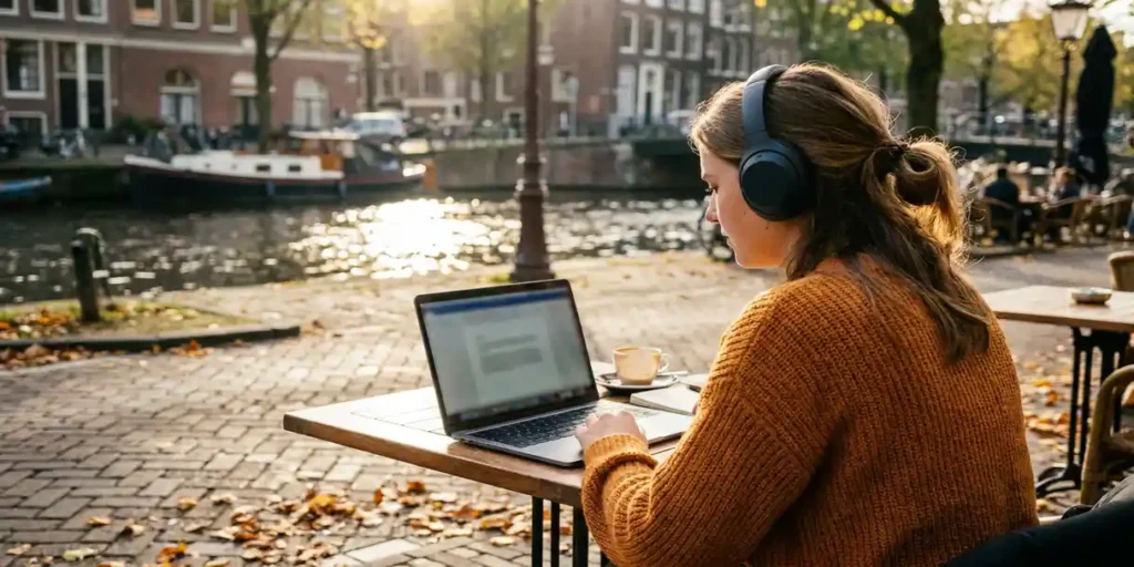 Jonge vrouw met draadloze koptelefoon werkt op laptop bij Amsterdams kanalencafé, herfstbladeren op keien, gouden middaglicht.