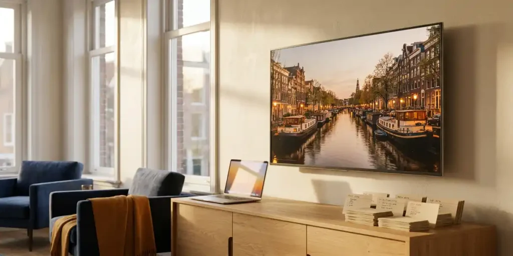 Flatscreen tv aan witte woonkamermuur toont Amsterdams grachtentafereel, naast laptop en indexkaarten op licht eiken dressoir.