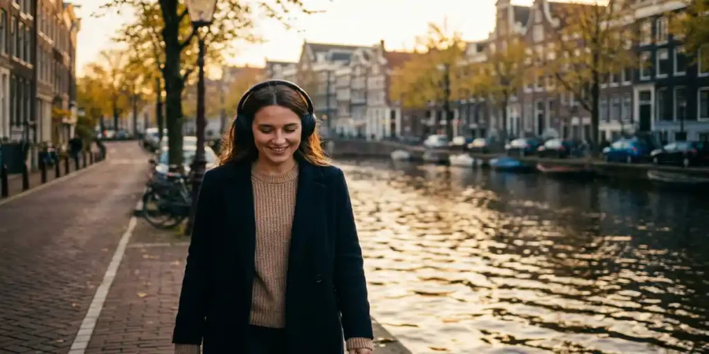 Jonge Nederlandse vrouw met draadloze koptelefoon langs Amsterdams kanaal tijdens gouden uur, herfstbomen en historische grachtenpanden op achtergrond.
