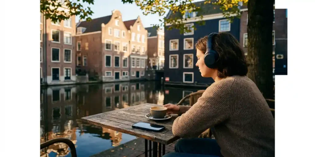 Persoon met draadloze over-ear koptelefoon aan een cafétafel langs een Amsterdamse gracht in gouden middaglicht.