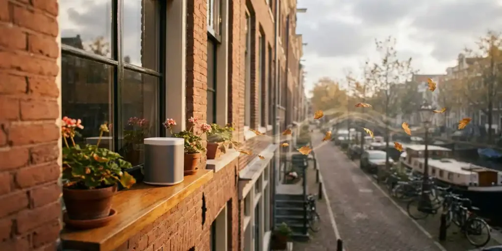 Moderne draadloze speaker op vensterbank van Amsterdams grachtenpand, herfstbladeren drijven langs warme terracotta bakstenen gevel.