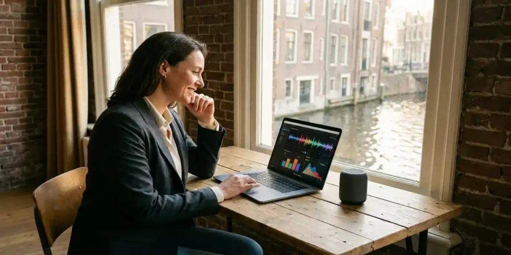 Marketingprofessional analyseert audiocampagne-data op laptop aan bureau in Amsterdams grachtenpand met bakstenen muren en ochtendlicht.