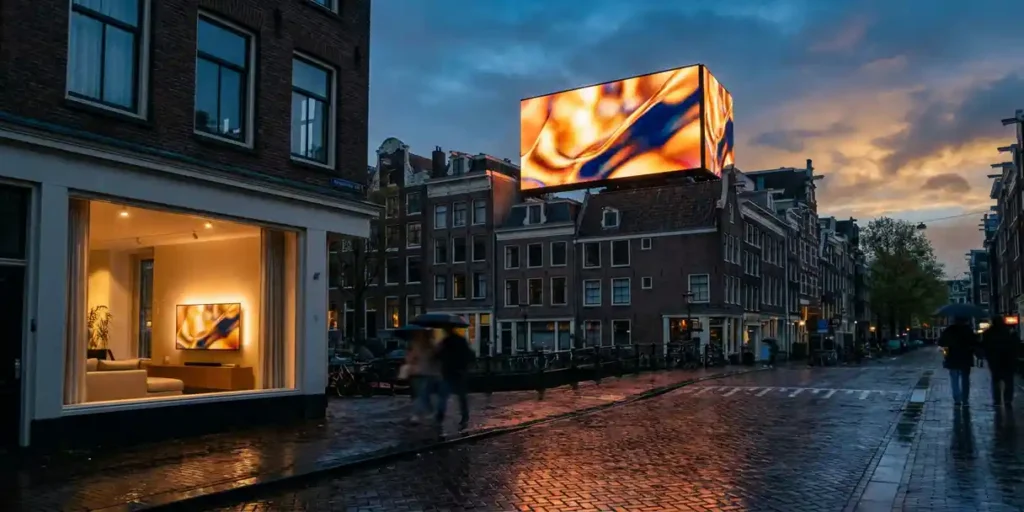 Verlicht digitaal reclamebord boven een regenachtige Amsterdamse gracht bij schemering, met reflecties van kasseien en een woonkamer met tv.