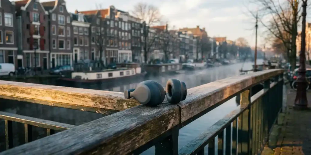 Draadloze koptelefoon op een verweerde Amsterdamse grachtenbrug, ochtendmist boven het water, smalle bakstenen gevels op de achtergrond.