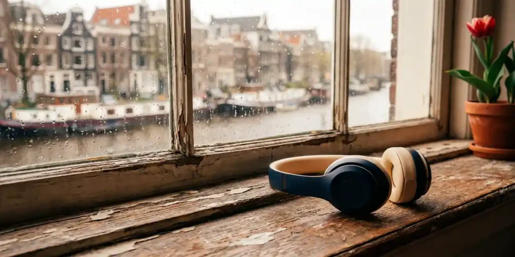 Draadloze koptelefoon op een verweerde houten vensterbank in Amsterdam, zacht daglicht door regendruppels op het glas, kleine tulp ernaast.