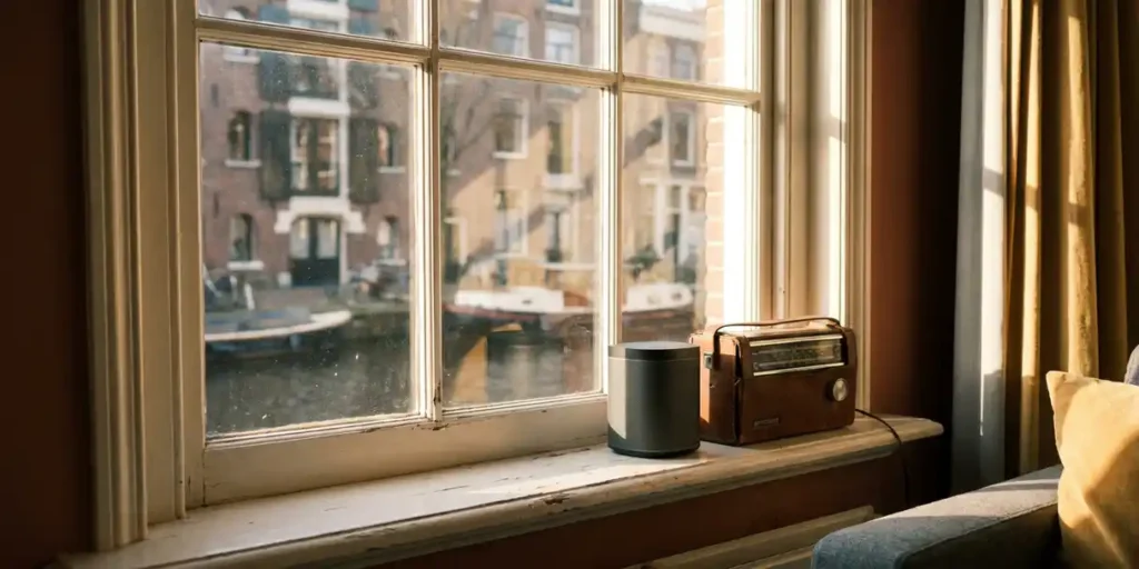 Draadloze speaker en vintage transistorradio op vensterbank van Amsterdams grachtenpand, zacht amberkleurig middaglicht.
