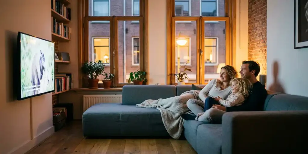 Familie van drie op grijze bank in Amsterdams appartement, kijkend naar flatscreen tv bij warm avondlicht door hoge ramen.
