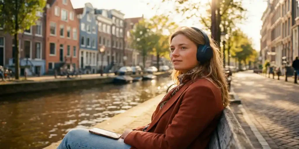 Jonge vrouw met draadloze koptelefoon op een Amsterdams grachtenbank, smalle grachtenpanden en kasseien zichtbaar op de achtergrond.
