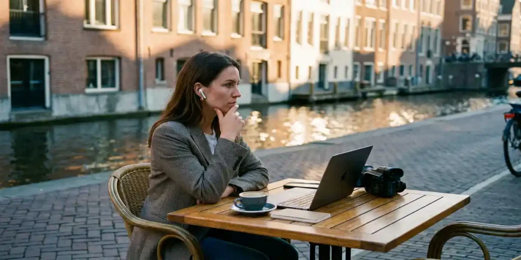 Professional met draadloze oordopjes pauzeert peinzend op een zonnig Amsterdams canalside terras met laptop en videocamera.