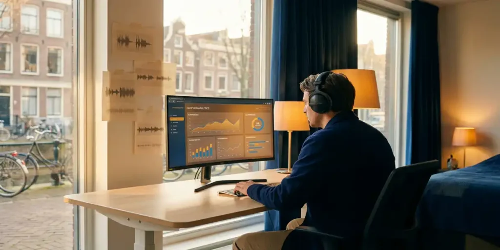 Professional met noise-canceling koptelefoon aan minimalistisch bureau met campagne-analytics op monitor en grachtzicht op de achtergrond.