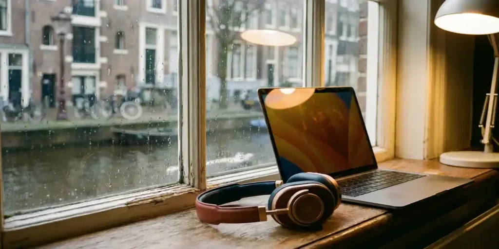 Over-ear hoofdtelefoon op vensterbank van Amsterdams grachtenpand, laptop met zacht scherm, regendruppels op glas, warm amberkleurig interieurlicht.