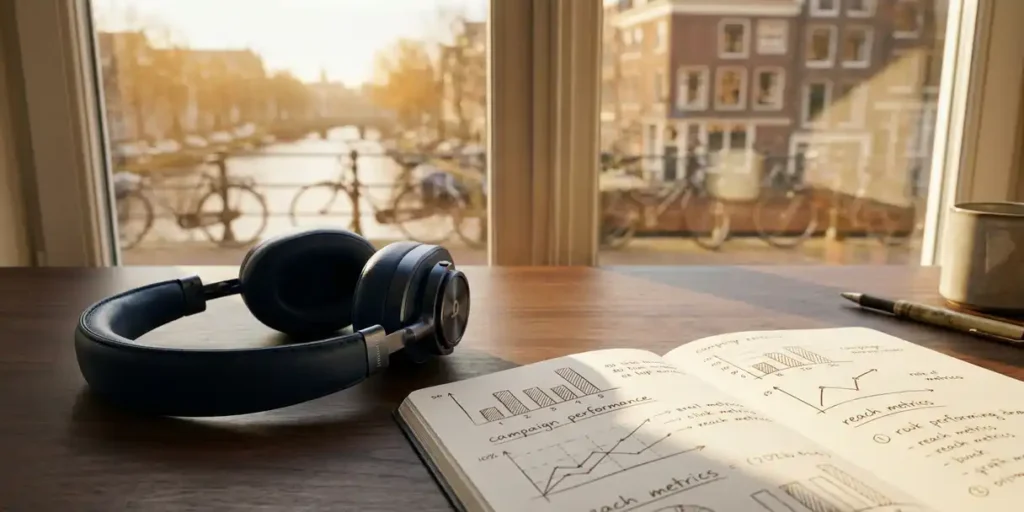 Koptelefoon op modern bureau naast notitieboek met campagnegrafieken, Amsterdamse gracht zichtbaar door raam op de achtergrond.
