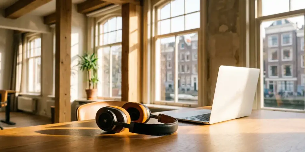 Over-ear hoofdtelefoon op modern bureau naast laptop in zonnig Amsterdams grachtenpand met warme middaglichttinten.