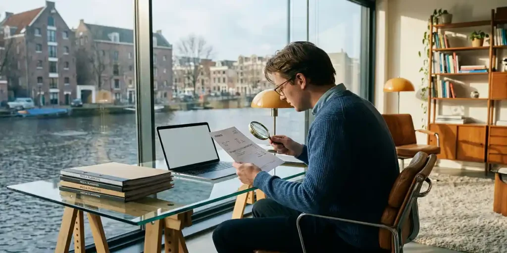 Nederlandse mediabuyer onderzoekt factuur met vergrootglas aan glazen bureau in Amsterdam, mediaplanningsdocumenten en laptop naast zich.