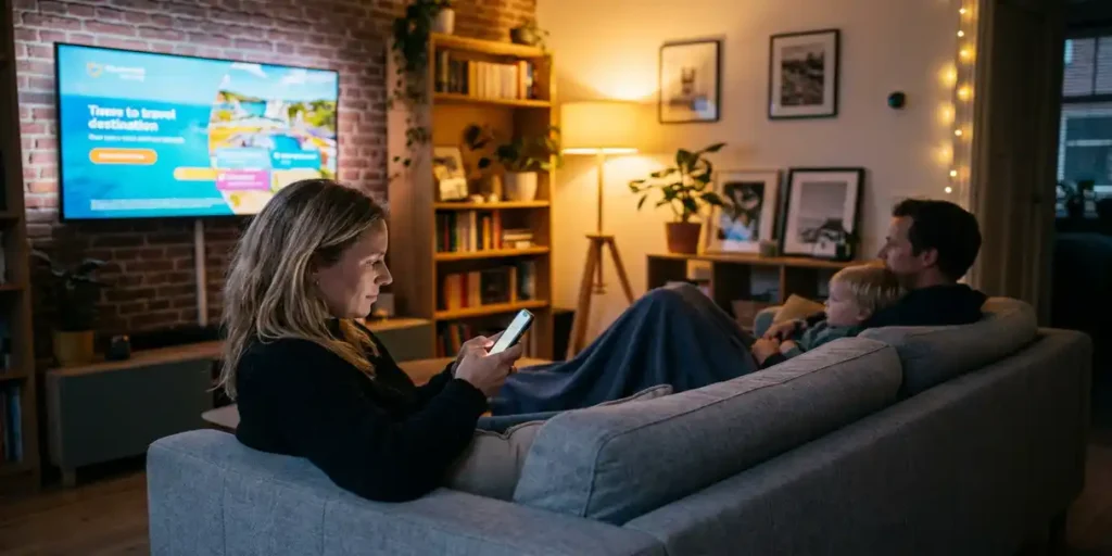 Nederlands gezin ontspant op grijze linnen bank in Amsterdams appartement, vrouw scrolt smartphone terwijl tv-reclame op achtergrond gloeit.
