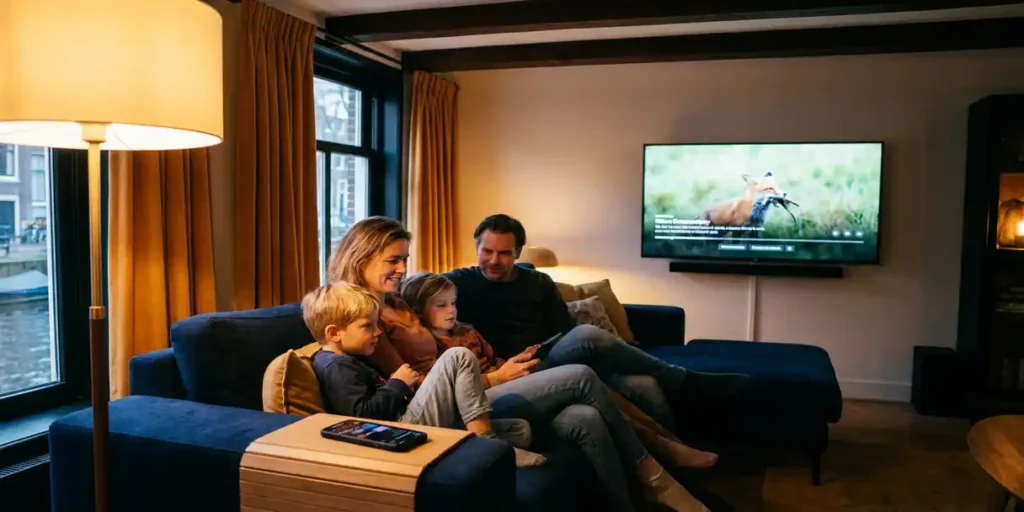 Nederlandse familie kijkt samen naar een grote flatscreen-tv in een woonkamer van een Amsterdams grachtenpand, met warme avondverlichting.