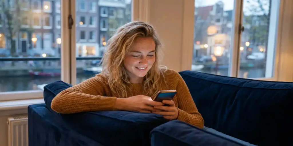 Jonge Nederlandse vrouw speelt mobiel spel op smartphone in modern Amsterdam appartement, zacht avondlicht door hoge grachtenhuisramen.