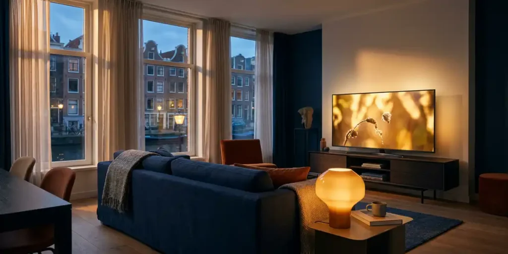 Gezellige Nederlandse woonkamer in de schemering met gloeiende flatscreen tv, kanaalachitectuur zichtbaar door hoge ramen, warme amber- en marineblauw tinten.
