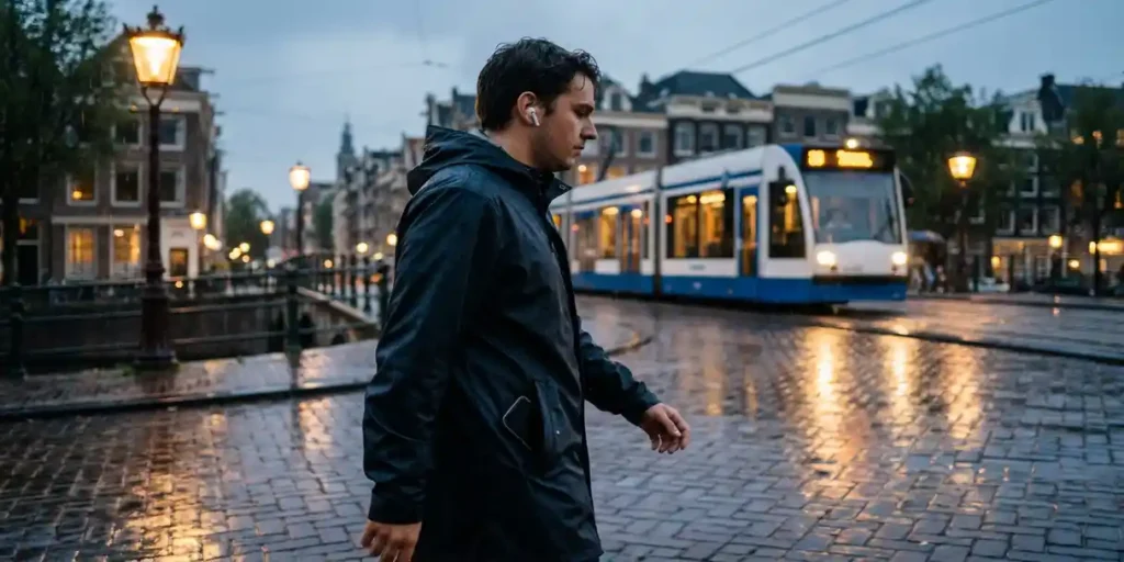 Forens met draadloze oordopjes loopt over natte Amsterdamse grachtenbrug bij schemering, tram en gouden straatverlichting op keien op de achtergrond.