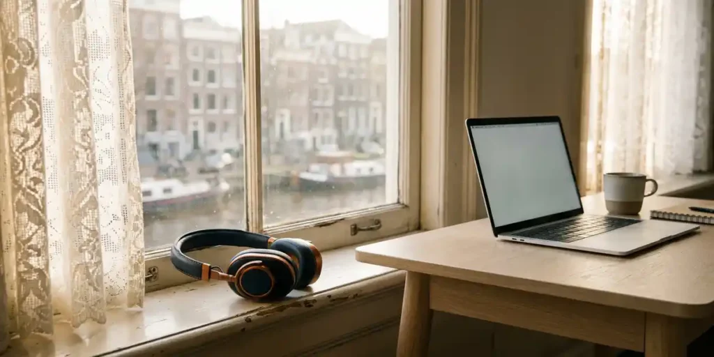 Premium over-ear koptelefoon op Amsterdams grachtenpand-vensterbank, ochtendlicht door kantgordijnen, laptop op eiken bureau.