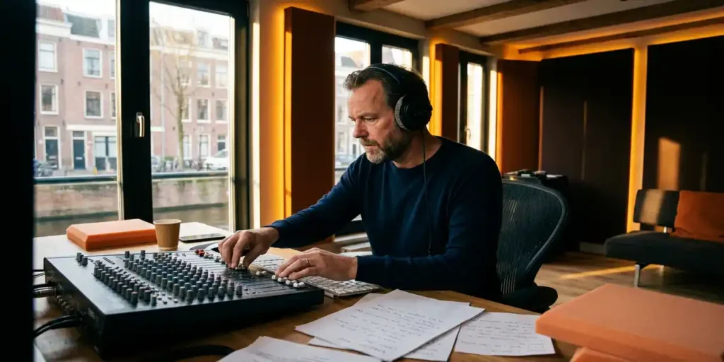 Nederlandse radioproducent met studiokoptelefoon bedient een mengpaneel in een Amsterdams grachtenpandstudio met warm middagslicht.