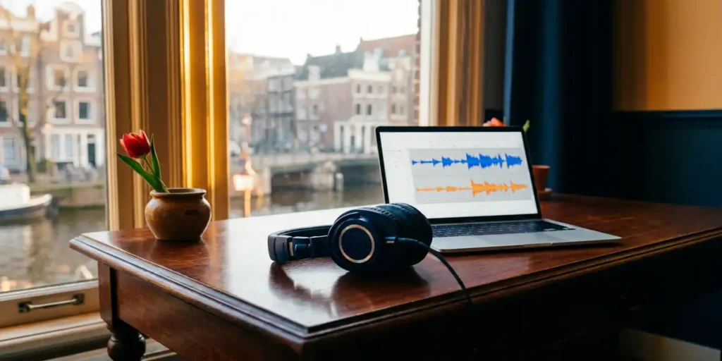 Professionele studiohoofdtelefoon op een bureau naast laptop met audiogolfvormen en tulp, warm Amsterdams kanaallicht.