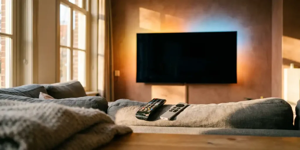 Flatscreen tv aan terracottamuur in Nederlandse woonkamer, twee afstandsbedieningen op linnen bank in warm middaglicht.
