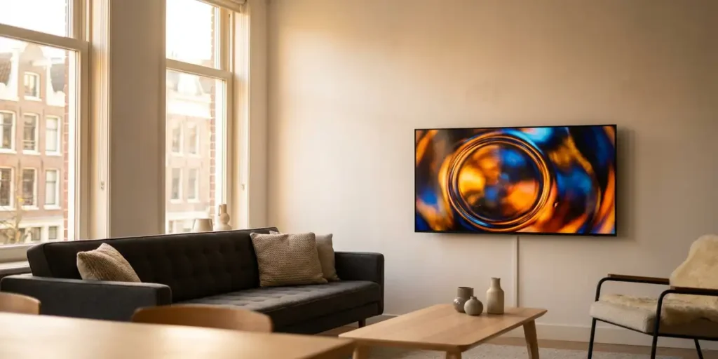 Flatscreen tv aan witte muur in Amsterdams appartement met kleurrijke advertentie, grijze bank en Scandinavisch meubilair in warm middaglicht.