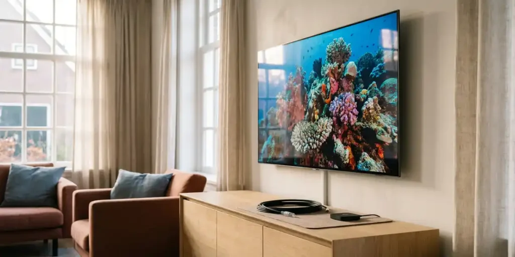 Flatscreen televisie aan muur in moderne Nederlandse woonkamer met glasvezelkabel en streamingdongle op lichthouten dressoir.