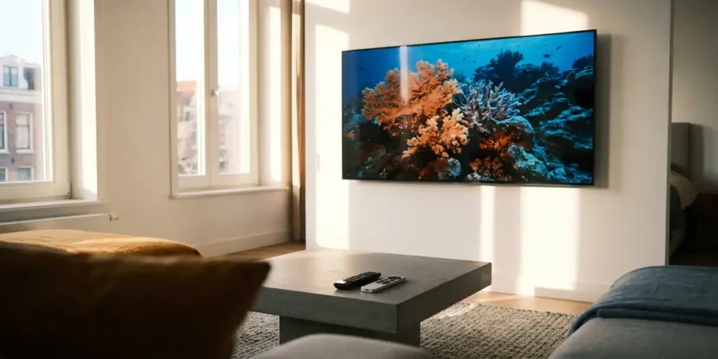 Flatscreen televisie aan witte muur in modern Amsterdam appartement, twee afstandsbedieningen op betonnen salontafel, middaglicht door smalle ramen.