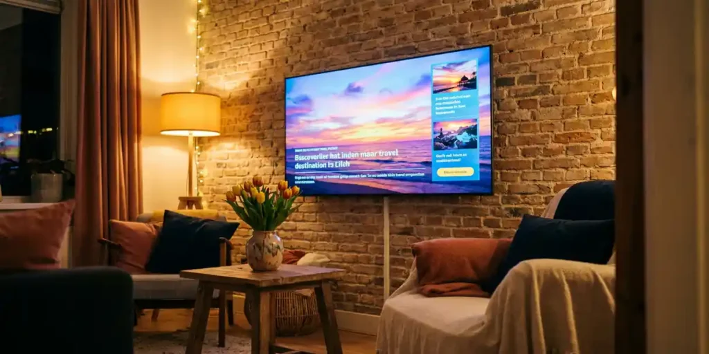 Flatscreen televisie aan de muur van een Nederlandse woonkamer met Scandinavisch interieur, tulpen in keramieken vaas en warm avondlicht.