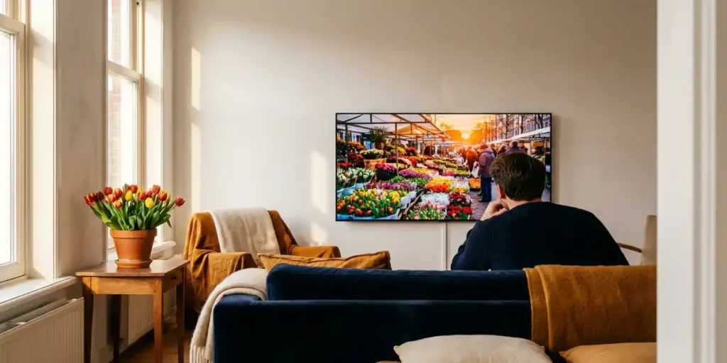 Flatscreen tv aan witte muur in moderne Nederlandse woonkamer met tulpen, warm natuurlijk licht en navy-blauwe tinten.