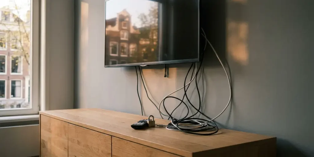 Flatscreen televisie aan muur in Nederlandse woonkamer met verstrengelde kabels en op slot vergrendelde afstandsbediening op eikenhouten dressoir.