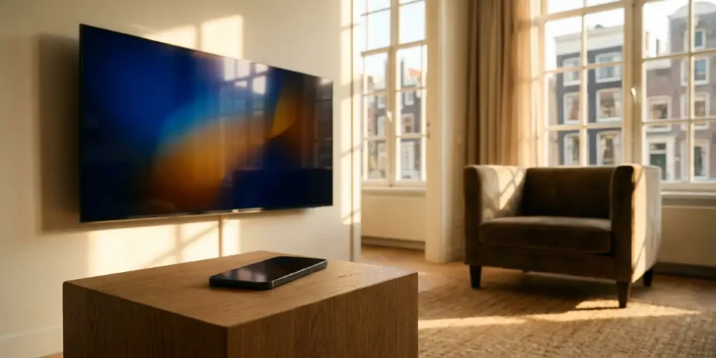 Flatscreen televisie met campagnevisual aan de muur van een moderne Nederlandse woonkamer, smartphone op een eiken bijzettafel op de voorgrond.