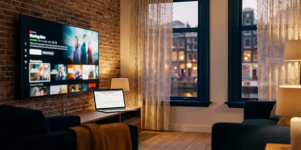 Grote flatscreen-tv aan de muur van een Amsterdamse woonkamer met DSP-campagnedashboard op laptop, bakstenen muur en kanaalhuisramen.