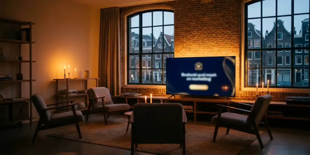 Flatscreen televisie aan bakstenen muur in Amsterdamse woonkamer met Scandinavisch meubilair en kanaalzicht bij avondlicht.