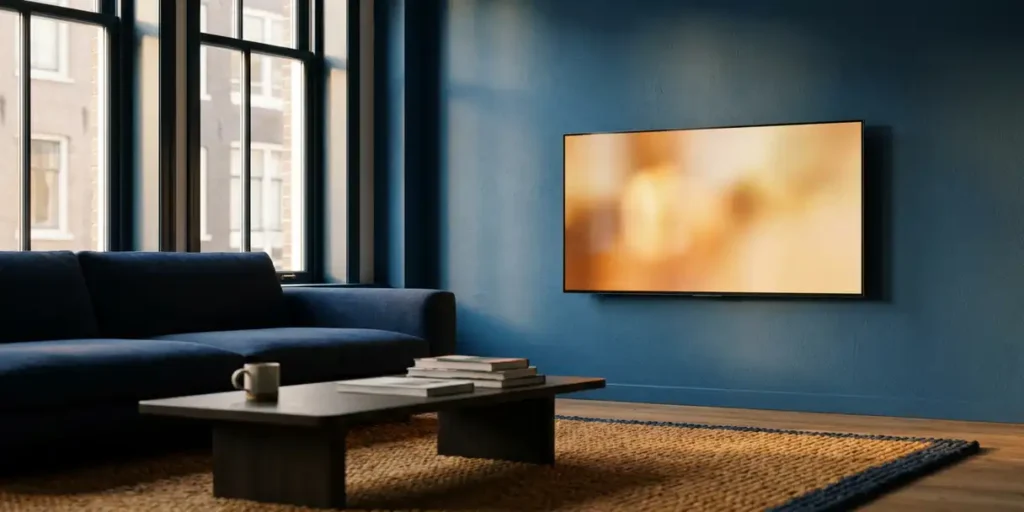 Flatscreen televisie aan de muur van een moderne Nederlandse woonkamer met warme avondverlichting en Amsterdamse raamstijl.