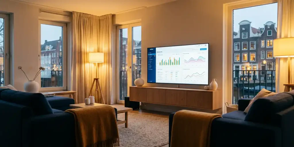 Flatscreen tv aan de muur in moderne Nederlandse woonkamer met campagnedashboard en grachtenhuizen zichtbaar door grote ramen.