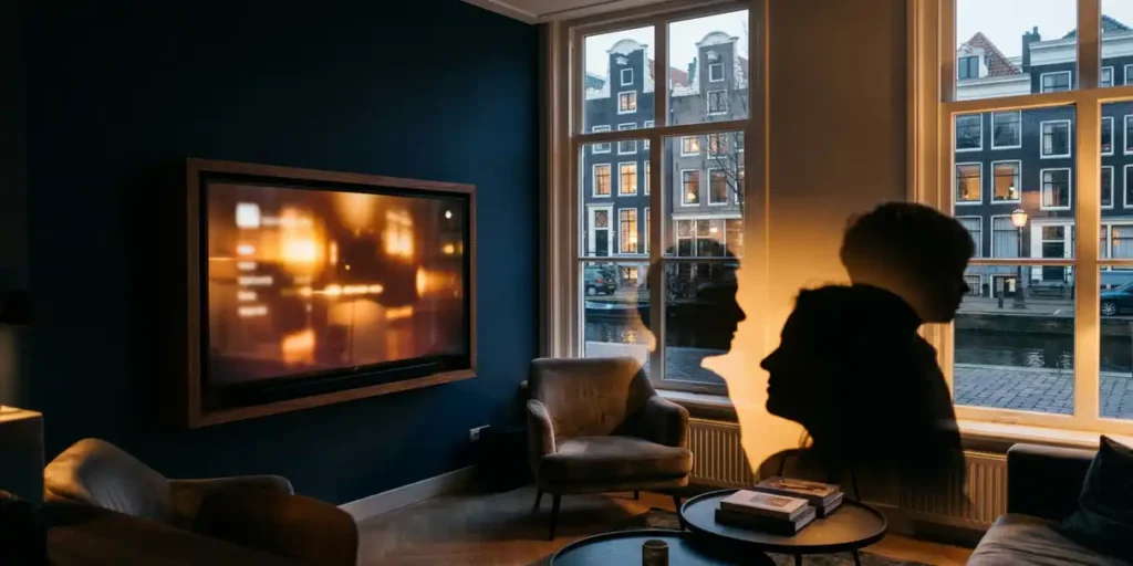 Flatscreen tv aan muur in Nederlands grachtenpand met warme amber gloed, silhouetten van kijkers op de voorgrond, sfeervol avondlicht.