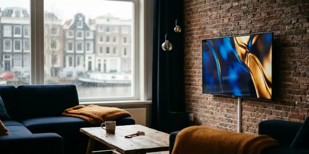 Flatscreen tv aan de muur in moderne Nederlandse woonkamer met bakstenen muur, regenraam en gouden sleutel op de salontafel.