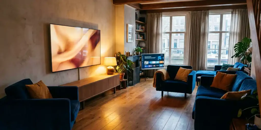 Flatscreen televisie aan de muur in een Nederlandse grachtenpandwoonkamer met hardhouten vloer en warm amberkleurig licht.