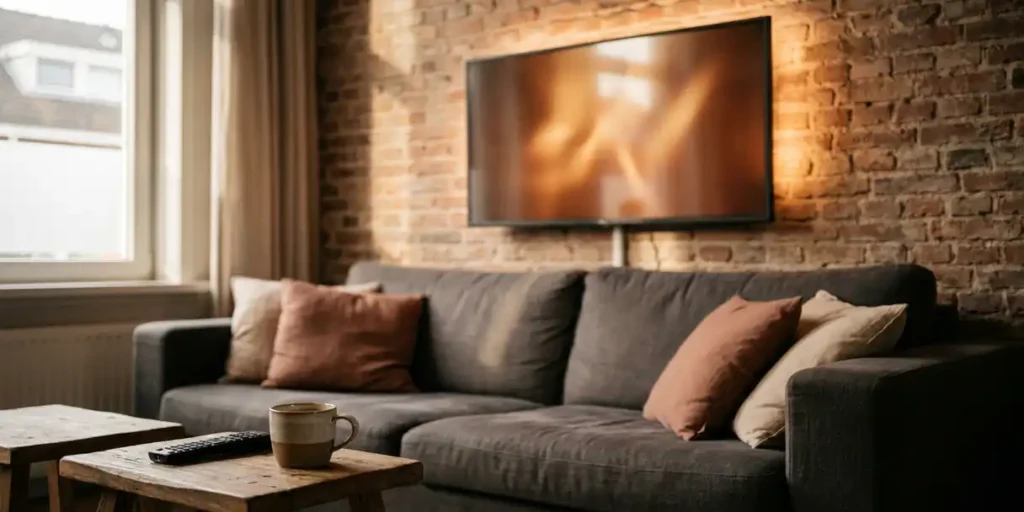Flatscreen televisie aan bakstenen muur in Nederlandse woonkamer met terracotta kussens, houten bijzettafel en afstandsbediening in zacht avondlicht.