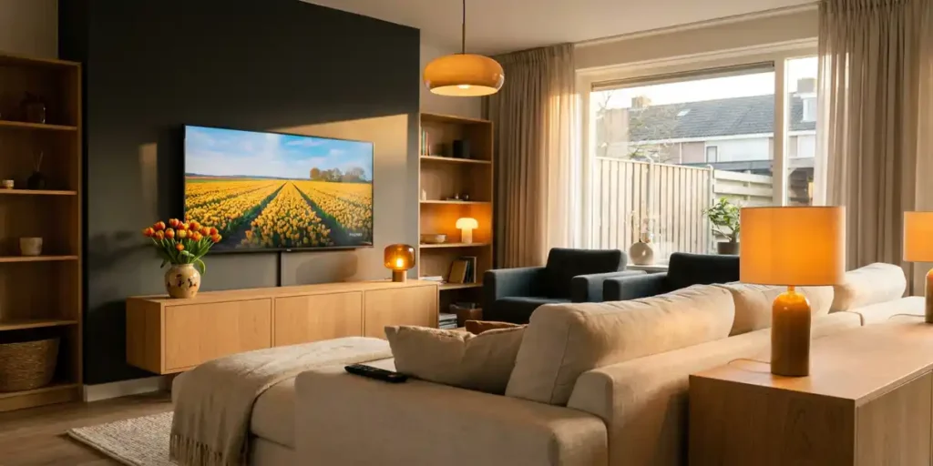 Flatscreen televisie aan de muur in een moderne Nederlandse woonkamer met eiken meubels, tulpen en een afstandsbediening op het linnen bankstel.