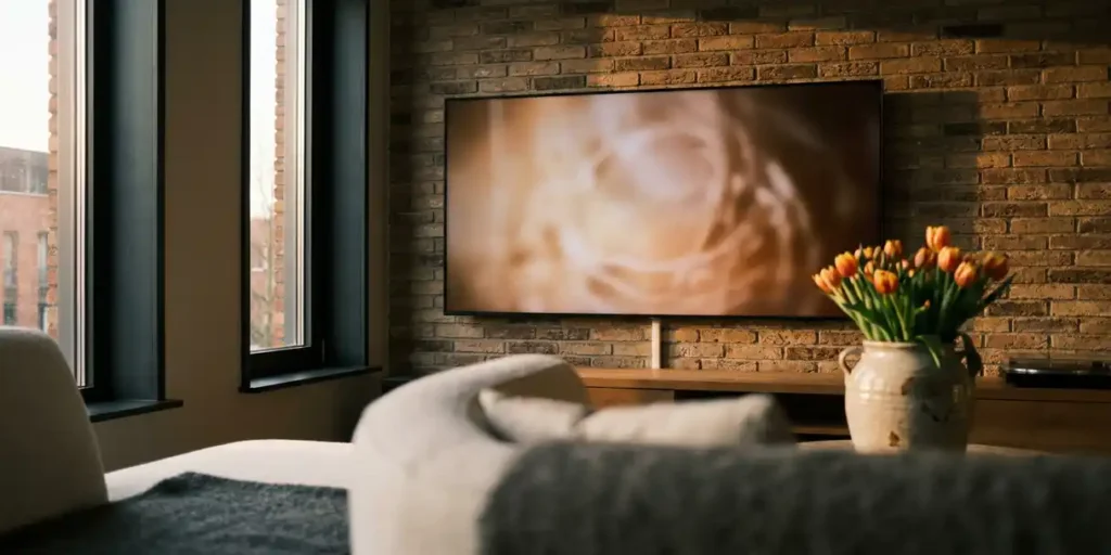 Flatscreen televisie aan muur in Nederlandse woonkamer met bakstenen muur, tulpen in keramische vaas en warm avondlicht.