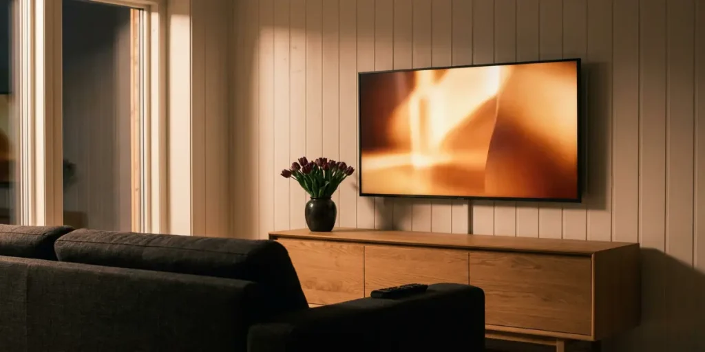 Flatscreen televisie aan witte muur in moderne Nederlandse woonkamer met tulpen in keramische vaas op eikenhouten dressoir.