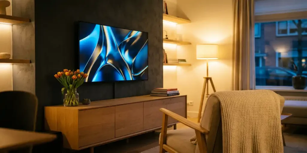 Flatscreen tv aan muur in moderne Nederlandse woonkamer met Scandinavisch eiken meubilair, tulpen en warm avondlicht.