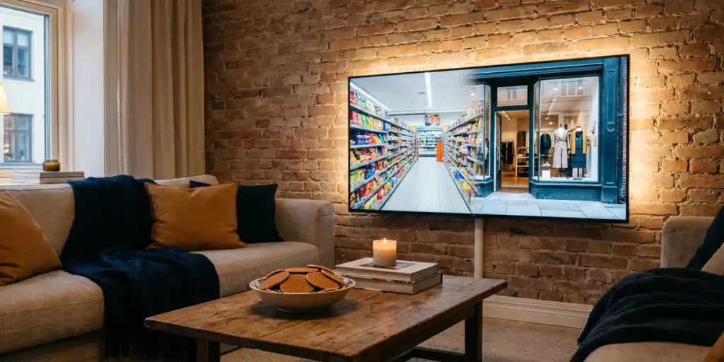 Flatscreen tv aan bakstenen muur in Nederlandse woonkamer met supermarktscène, stroopwafels op salontafel, warm avondlicht.