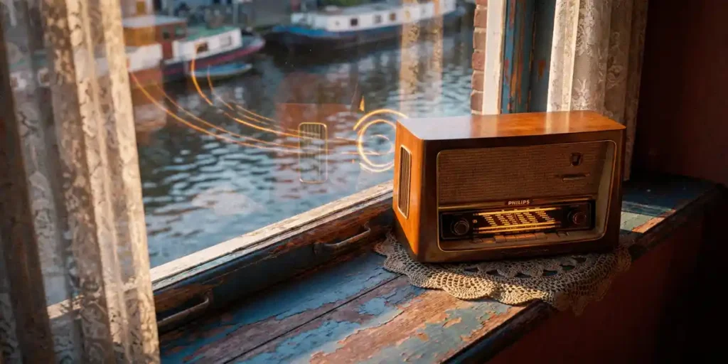 Vintage Nederlandse radio op een verweerde vensterbank aan een Amsterdamse gracht, met zachte golvende reflecties in het water.