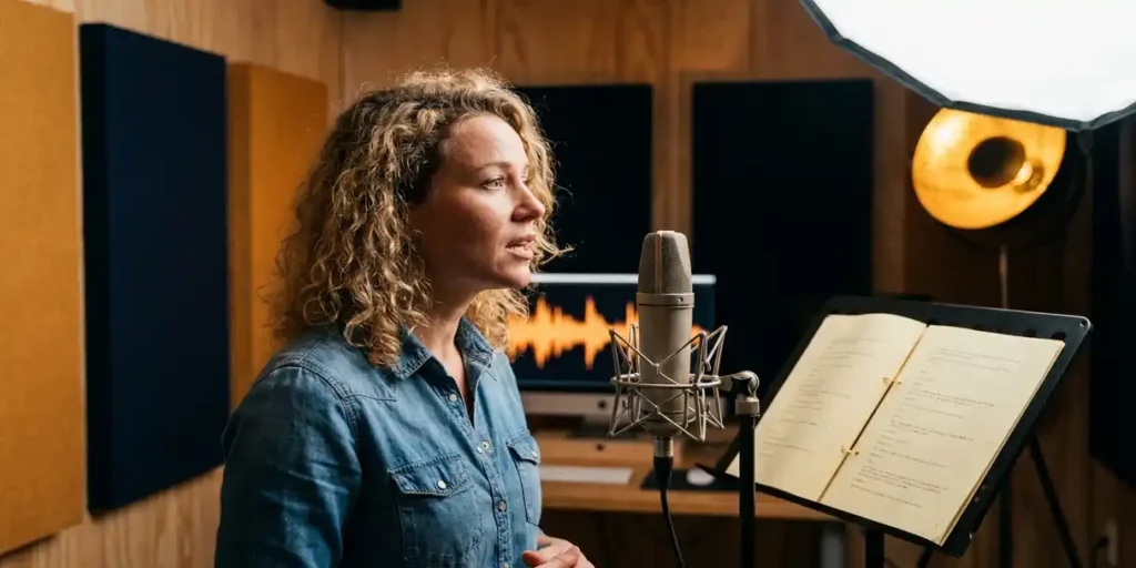 Nederlandse voice-overartieste spreekt in studiomicrofoon in Amsterdam-opnamestudio met golfvormvisualisatie op monitor en akoestische schuimwanden.